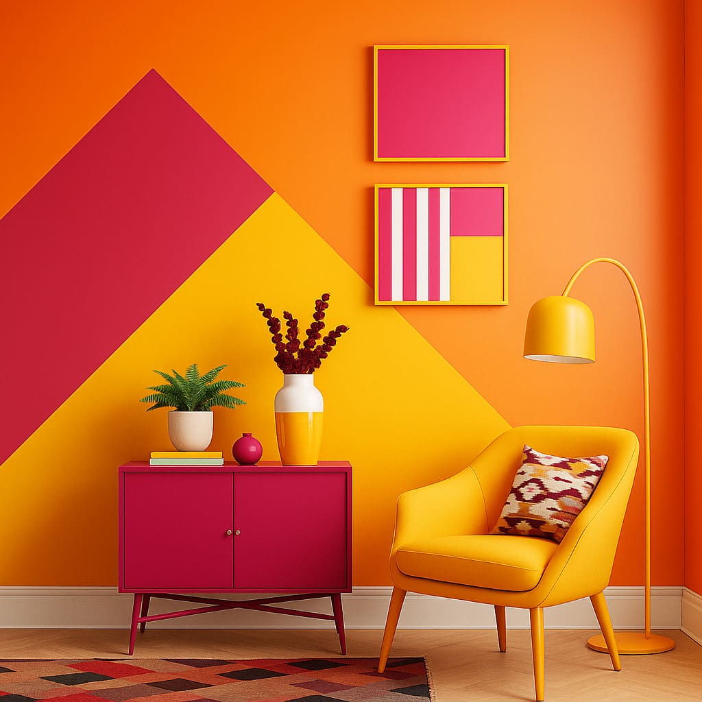 Mur peint de façon stylisée en jaune et fuschia